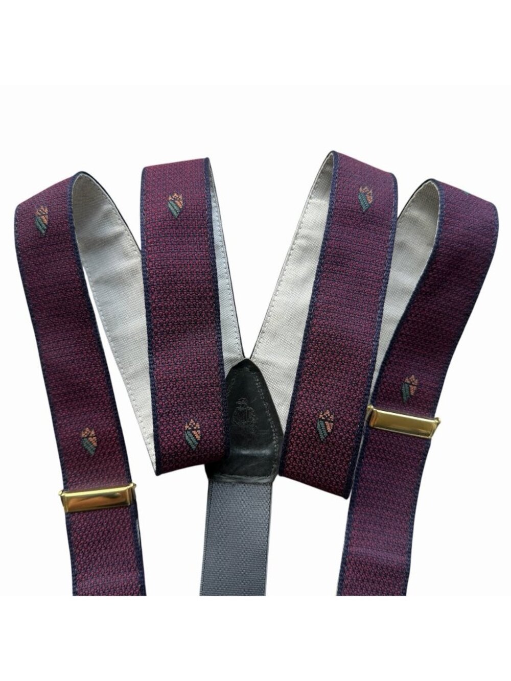 Paul Stuart Burgundy Vintage Suspenders Preppy Flower Tulip Crest
